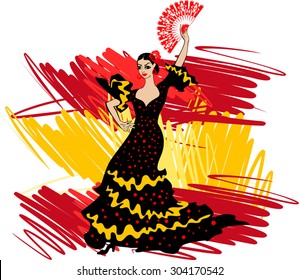 Flamenco dancer over Spanish Flag Background