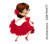 Flamenco dancer. Pretty girl dancer in a red dress in cartoon style.