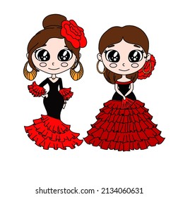 Flamenco Dancer. Pretty Girl Dancer In A Red Dress In Cartoon Style.