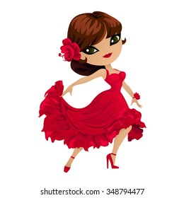 Flamenco Dancer. Pretty Girl Dancer In A Red Dress In Cartoon Style.