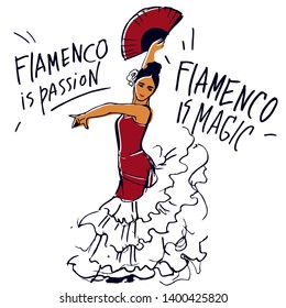 Flamenco dancer in red dress in dance pose with red fan in hand for poster and advertising poster Vector picture