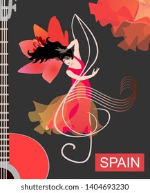
Flamenco dancer in a red dress is dancing on a treble clef opposite a guitar and a large lily flower on a black background. Poster, poster, invitation card.