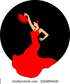 Flamenco dancer in red dress and with red fan in her raised hand