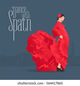 Flamenco dancer in red dress in visit Spain concept vector illustration. Design clip-art element with flamenco pose