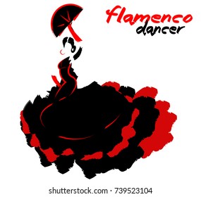 Flamenco dancer, silhouette beautiful Spanish woman in long dress with fan, vector isolated