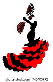 Flamenco dancer, silhouette beautiful Spanish woman in long dress with fan, vector isolated