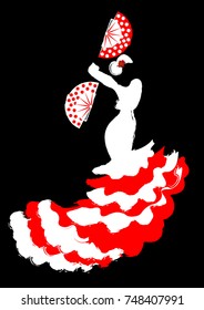 Flamenco dancer, silhouette beautiful Spanish woman in long dress with fan, vector isolated or black background 