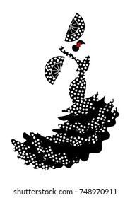 Flamenco dancer, silhouette beautiful Spanish woman in long dress with fan, vector isolated or white background