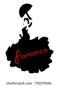 Flamenco dancer, silhouette beautiful Spanish woman in long dress with fan, vector isolated or white background