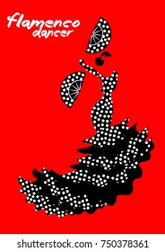 Flamenco dancer, silhouette beautiful Spanish woman in long dress with fan, vector isolated or red background