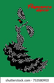 Flamenco dancer, silhouette beautiful Spanish woman in long dress with fan, vector isolated or green background