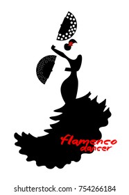 Flamenco dancer, silhouette beautiful Spanish woman in long dress with fan, vector isolated