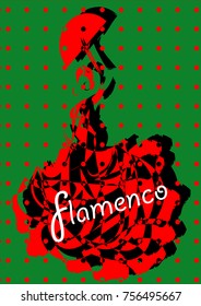 Flamenco dancer, silhouette beautiful Spanish woman in long dress with fan, vector isolated or green background