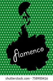 Flamenco dancer, silhouette beautiful Spanish woman in long dress with fan, vector isolated or green background