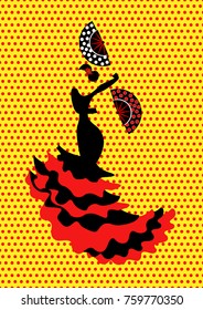 Flamenco dancer, silhouette beautiful Spanish woman in long dress with fan, vector isolated or polka dot background