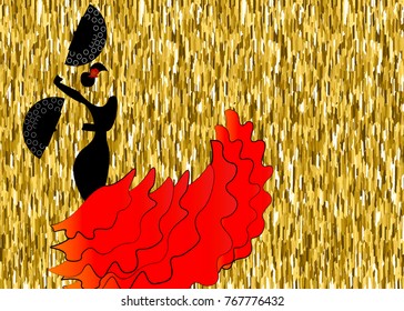 Flamenco dancer, silhouette beautiful Spanish woman in long red dress with fan, vector isolated or gold background