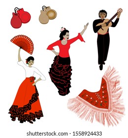 Flamenco dancer, singer and guitarist in traditional spanish costumes.