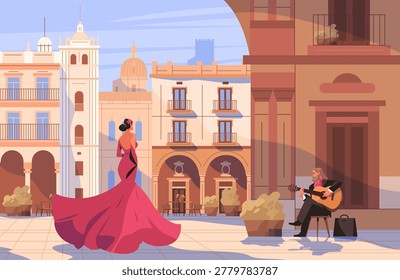 Flamenco dancer street performance cityscape musician historic architecture outdoor plaza vibrant dress guitar player cultural tourism