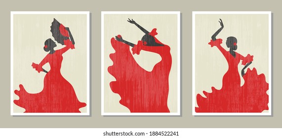 Flamenco dancer vector illustration. Set of posters with dancing Spanish girl.