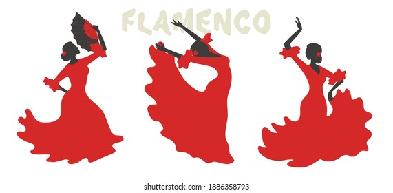 Flamenco dancer vector illustration. Set of dancing Spanish women.