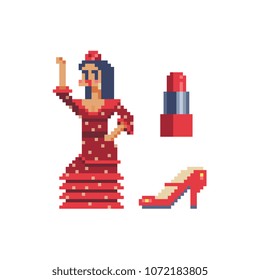 Flamenco dancer woman character in national costume of Spain pixel art icon traditional Spanish clothes, red lipstick and shoe isolated vector illustration. Design for stickers, logo and mobile app.