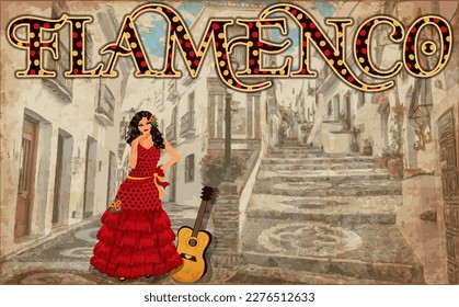 Flamenco dancer woman with   guitar, spanish city banner, vector illustration