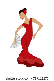Flamenco dancer woman. Spanish girl in red dress is dancing. Traditional Spanish flamenco. Vector illustration flat style isolated on white background.