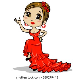 Flamenco dancer. Woman wearing red dress dancing flamenco. Cute girl dances flamenco. Vector illustration on white background.