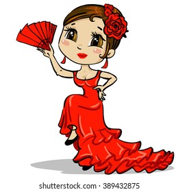 Flamenco dancer. Woman wearing red dress dancing flamenco with fan. Cute girl dances flamenco. Vector illustration on white background.