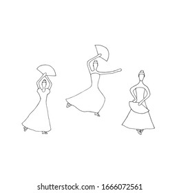 Flamenco dancers with a fan, set, vector illustration, hand drawing