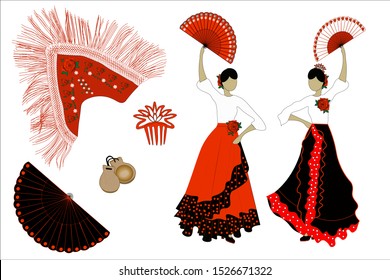 Flamenco Dancers Fans Traditional Spanish Skirts Stock Vector (Royalty ...