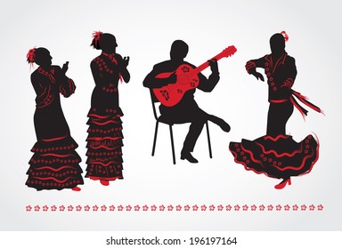 Flamenco dancers and a guitarist. Set of silhouettes on a white background.