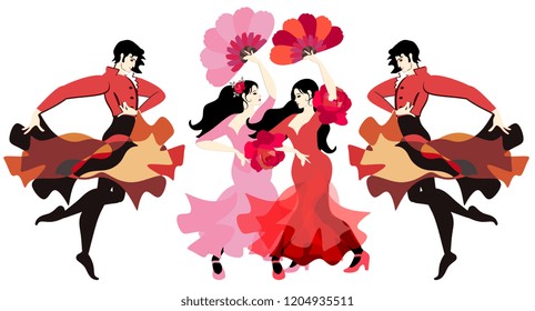 Flamenco dancers, isolated on white background in vector. Women dressed in long dresses and with fans in their hands, and men dancing with cloaks in the shape of a flying birds. Great collection.