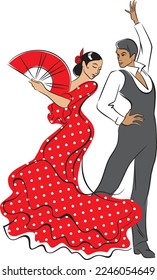 Flamenco dancers. Man and woman dancing flamenco in Spanish traditional dance costumes. Line art vector sketch 
