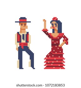 Flamenco dancers man and woman with the national costume of Spain pixel art icon male and female character in traditional Spanish clothes isolated vector illustration. Design for stickers, logo, app.