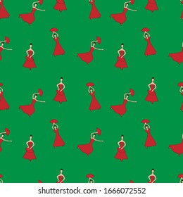 Flamenco dancers in a red dress with a fan in hand, seamless pattern, on a green background, vector illustration, hand drawing