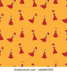 Flamenco dancers in a red dress with a fan in hand, seamless pattern on an orange background, vector illustration, hand drawing