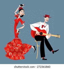 Flamenco. Dancing Girl And Guitarist. Vector Illustration