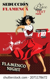 Flamenco evening invitation card with dancer on cover, illustration