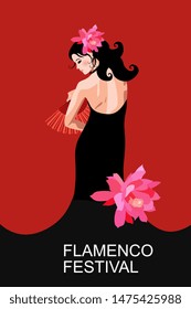 Flamenco festival poster. Beautiful spanish girl with fan on her hand, dressed in black dress, posing against red background.