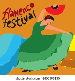 flamenco festival poster drawn by hand. Girl in a green dress in a dance pose with a red fan in his hand at the top of the inscription flamenco festival written by hand vector picture