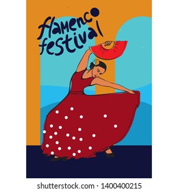 flamenco festival poster drawn by hand. Girl in a red dress in a dance pose with a red fan in his hand at the top of the inscription flamenco festival written by hand vector picture
