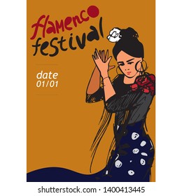 flamenco festival poster drawn by hand. Girl in a blue dress in a dance pose at the top of the inscription flamenco festival written by hand vector picture