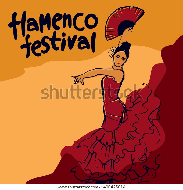 flamenco festival\
poster drawn by hand. Girl in a red dress in a dance pose with a\
red fan in his hand at the top of the inscription flamenco festival\
written by hand vector\
picture