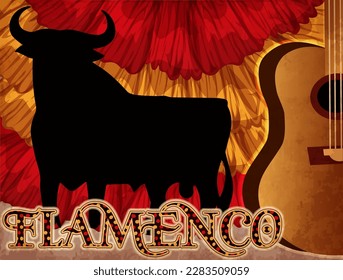 Flamenco greeting banner with guitar and spanish bull, vector illustration