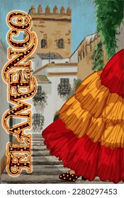 Flamenco greeting card with spanish flag, vector illustration	