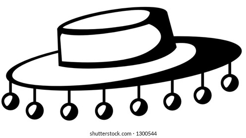 flamenco hat with dangling ornaments around its brim illustration in black and white