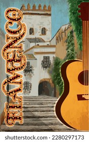 Flamenco invitation card with spanish guitar, vector illustration	