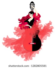 Flamenco logo. Guitar-girl. Elegant dancer in a beautiful long dress on a white background.