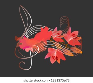 Flamenco logo. Treble clef, luxury piece of red fabric and musical notes in shape of lilies flowers on black background. Concert poster, greeting or invitation card.